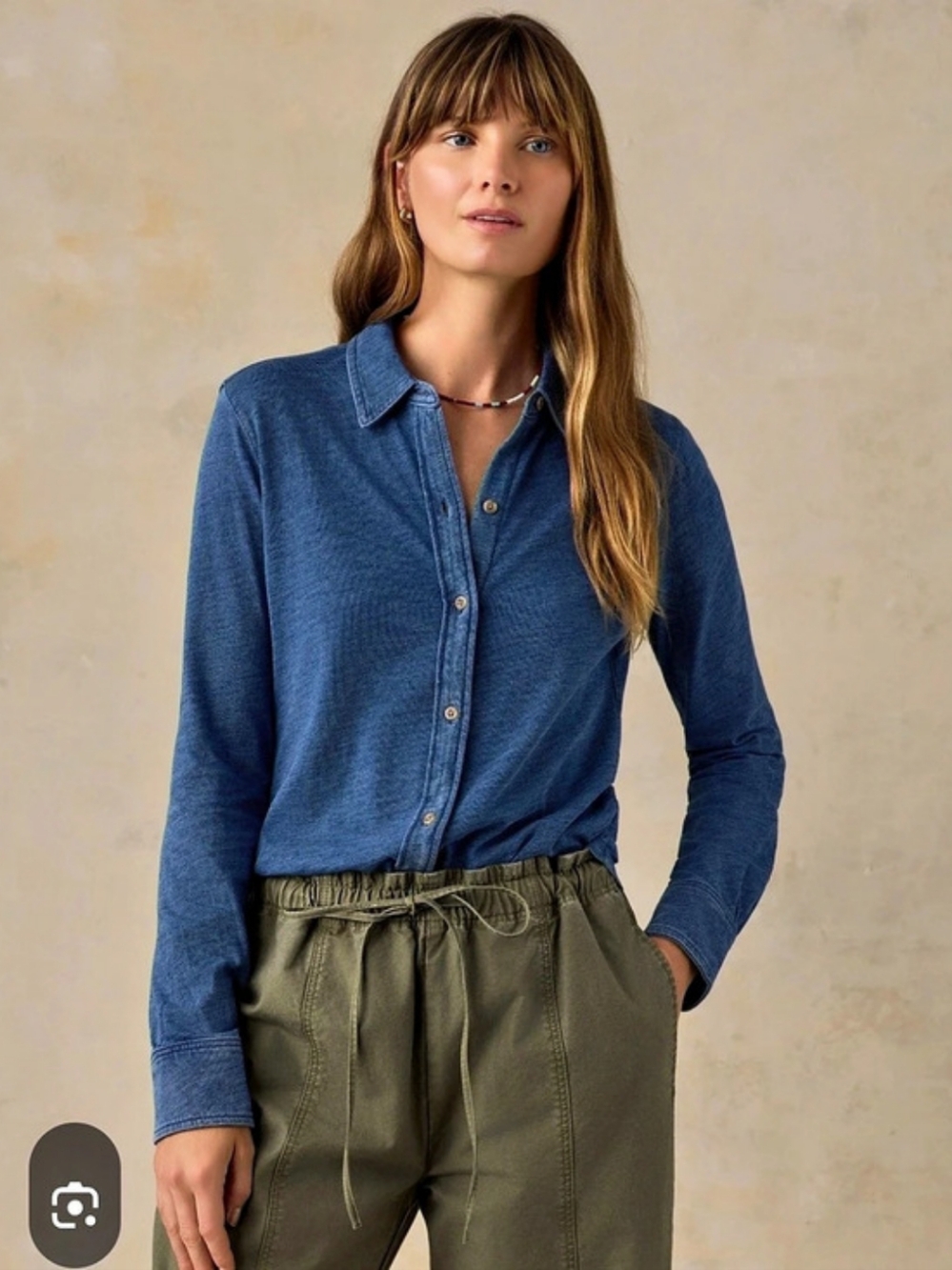 O Faherty Sunwashed Knit Shirt Organic Cotton Button Down Blue Medium